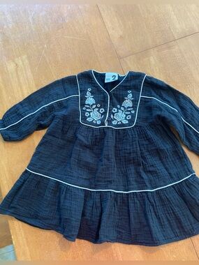 Cotton On Black Crinkled Cotton Gauze Long-Sleeve Embroidered Girls' Dress - 2
